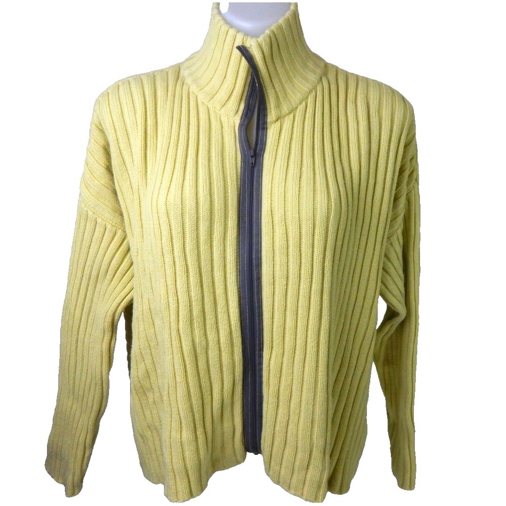 Bryn Walker Sweater Ribbed Zip Front Cardigan Yellow Green Cotton